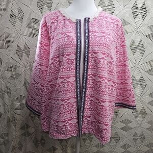 Valerie Stevens  open front Jacket. Pink with decorative colorful trim.